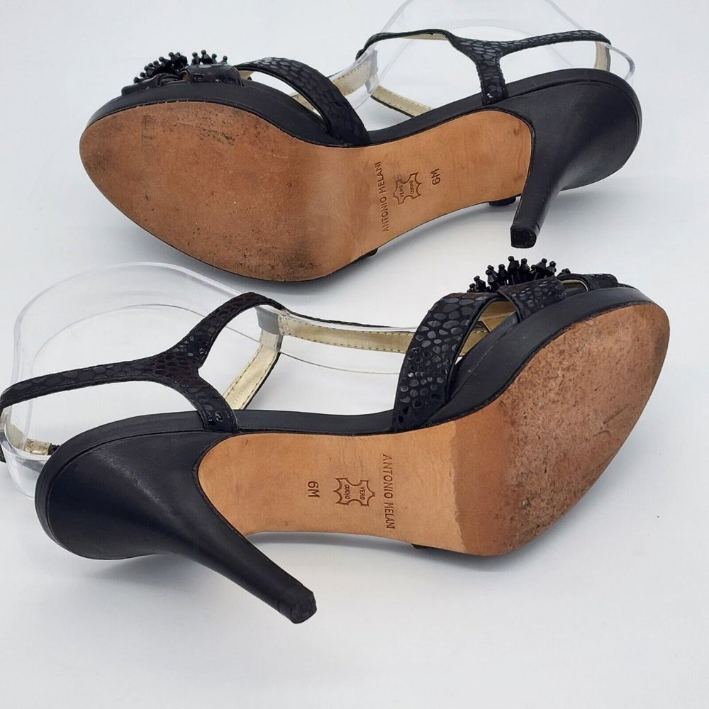 Antonio Melani Alleara Black Ankle Strap Heels Beaded Embossed Size 6 - Picture 7 of 12